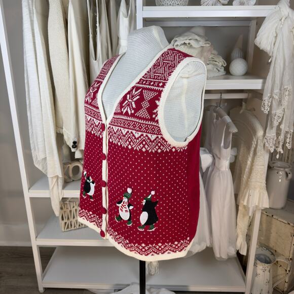 Holiday Editions red & cream festive Holiday vest, cheerful, party, warm #4414 - Picture 5 of 9